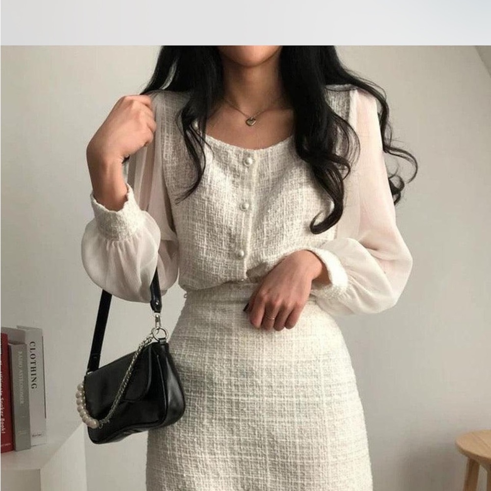 Cream Tweed Long-Sleeve Midi Dress with Sheer Sleeves